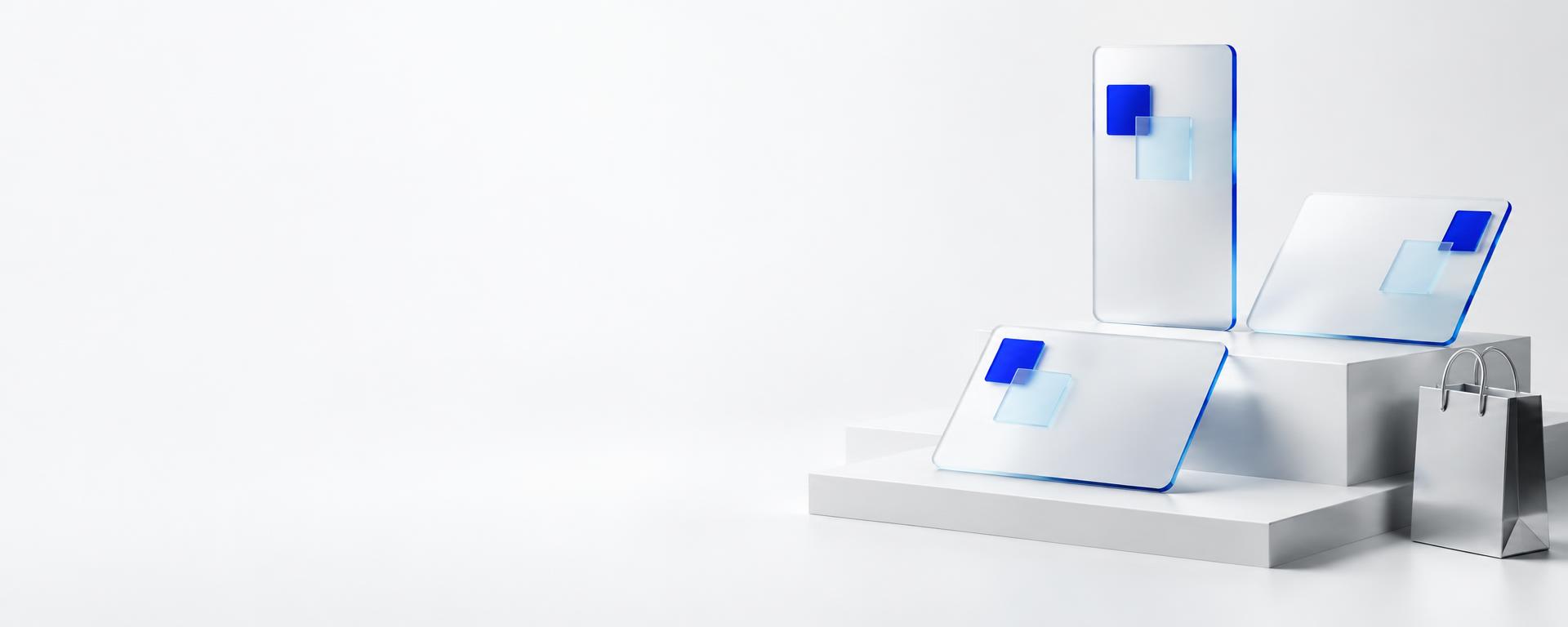 Sculptural digital product cards in blue and frosted glass